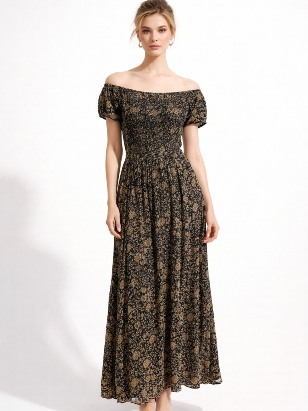 Free People Black Brown Floral Maxi Dress Boho Off Shoulder Open Back Cotton - Picture 16 of 16